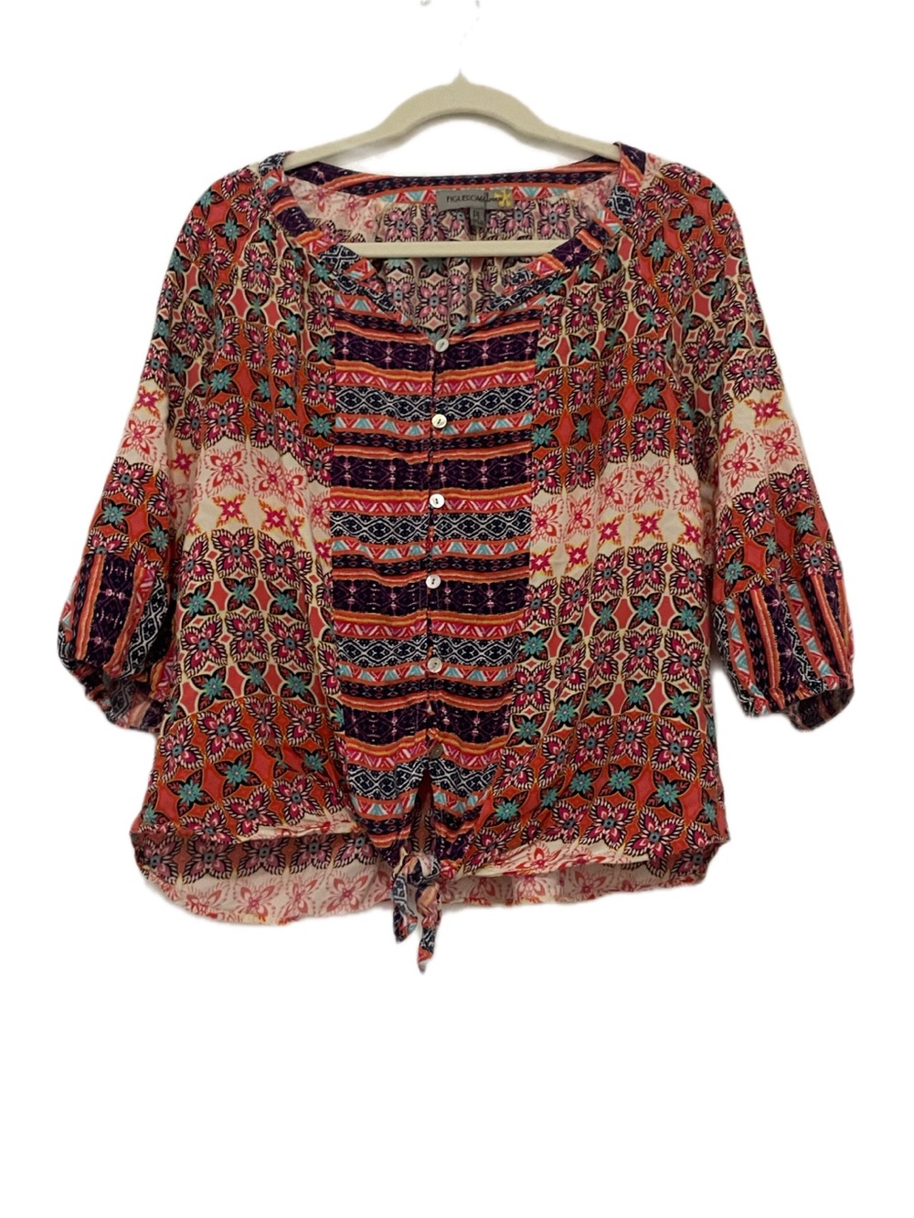 fig and flower Orange Multi-Print Tie-Front Boho Blouse